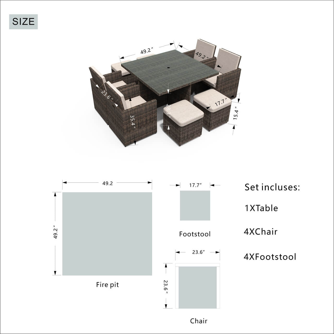 4 Seats Square Outdoor Patio Dining Set PAD-3233B Direct Wicker