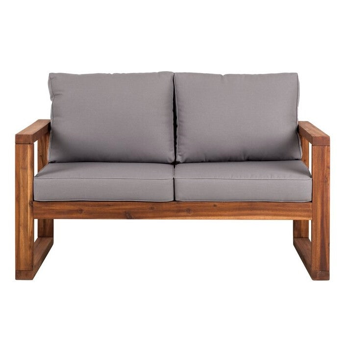 Fast Furnishings FarmHouse Modern Outdoor Acacia Loveseat with Grey Cushion