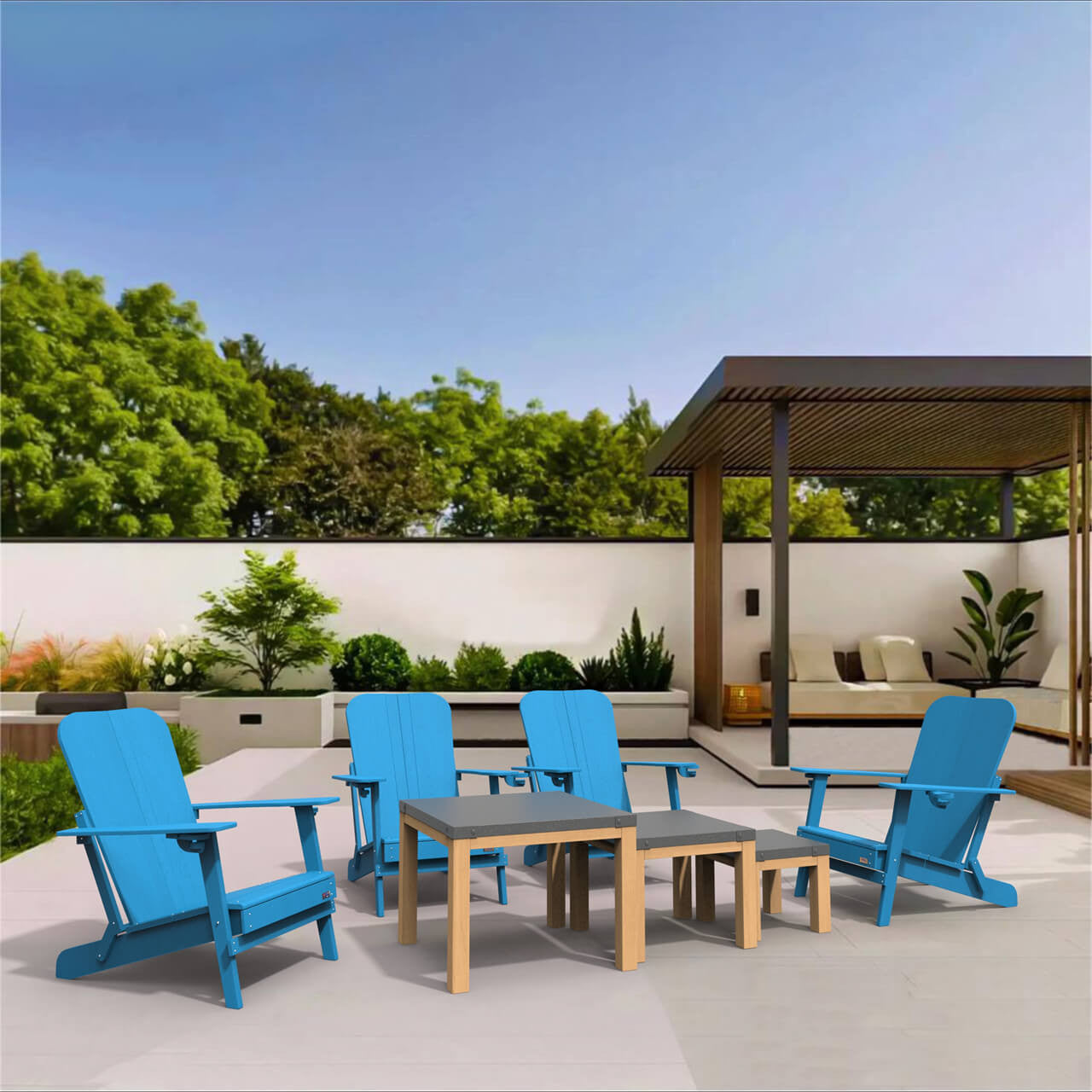 Direct Wicker Four detachable frog chairs in HDPE with three aluminium square tables PAC-011X4+2341TA