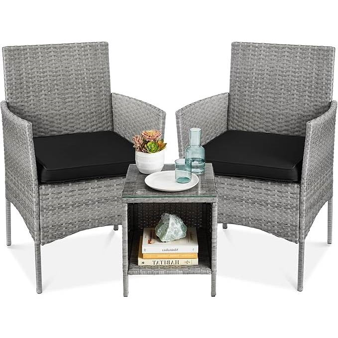 Fast Furnishings 3-Piece Grey PE Wicker Outdoor Patio Furniture Dining Set with Black Cushions