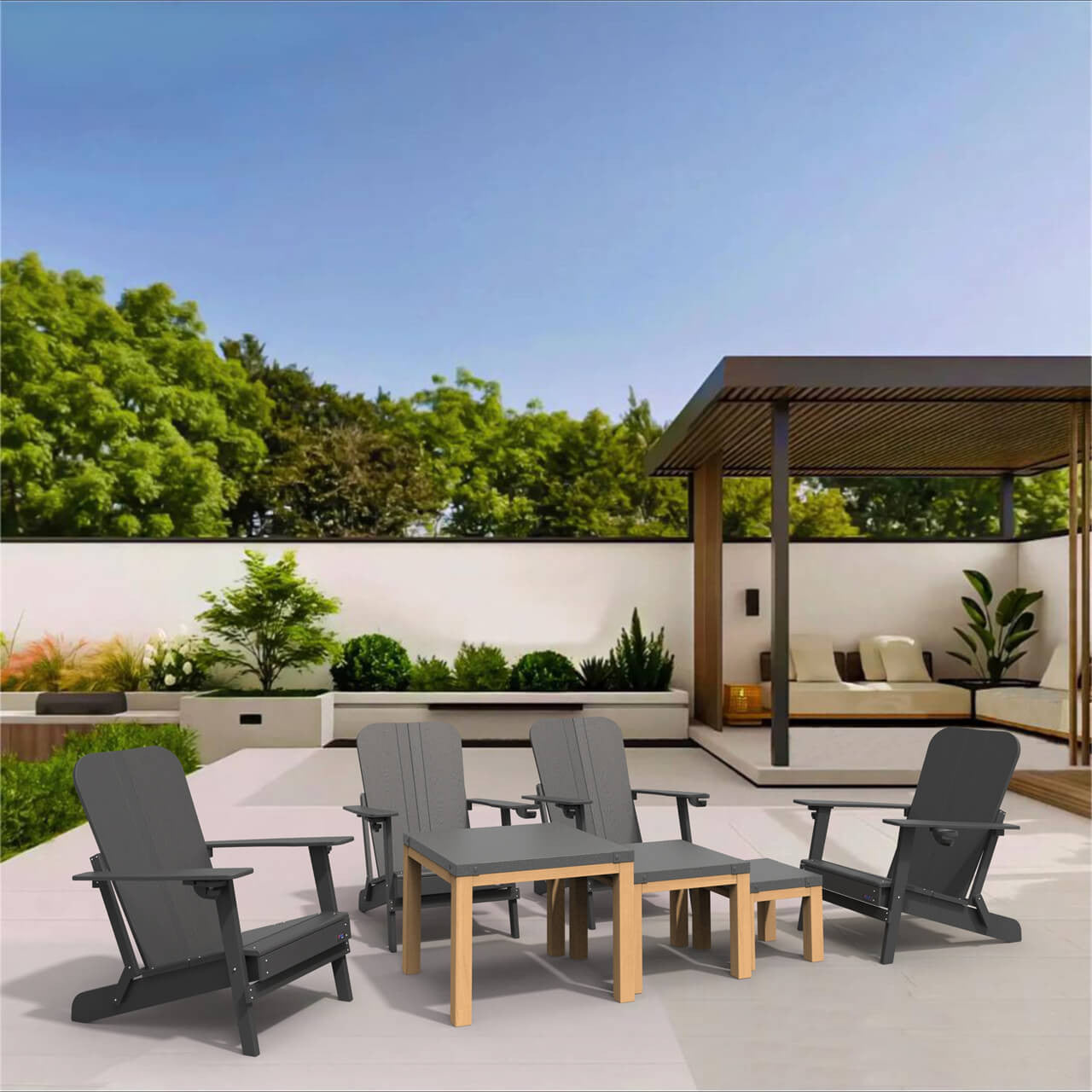 Direct Wicker Four detachable frog chairs in HDPE with three aluminium square tables PAC-011X4+2341TA