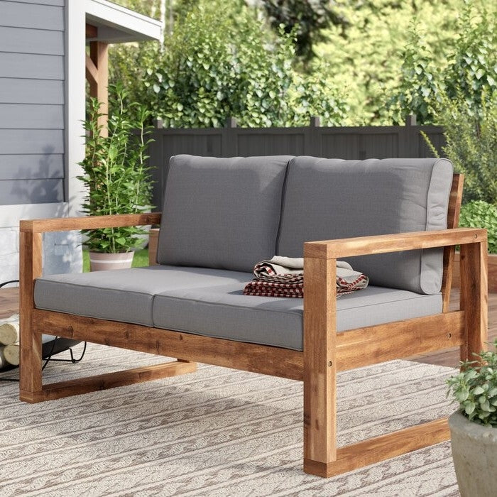 Fast Furnishings FarmHouse Modern Outdoor Acacia Loveseat with Grey Cushion
