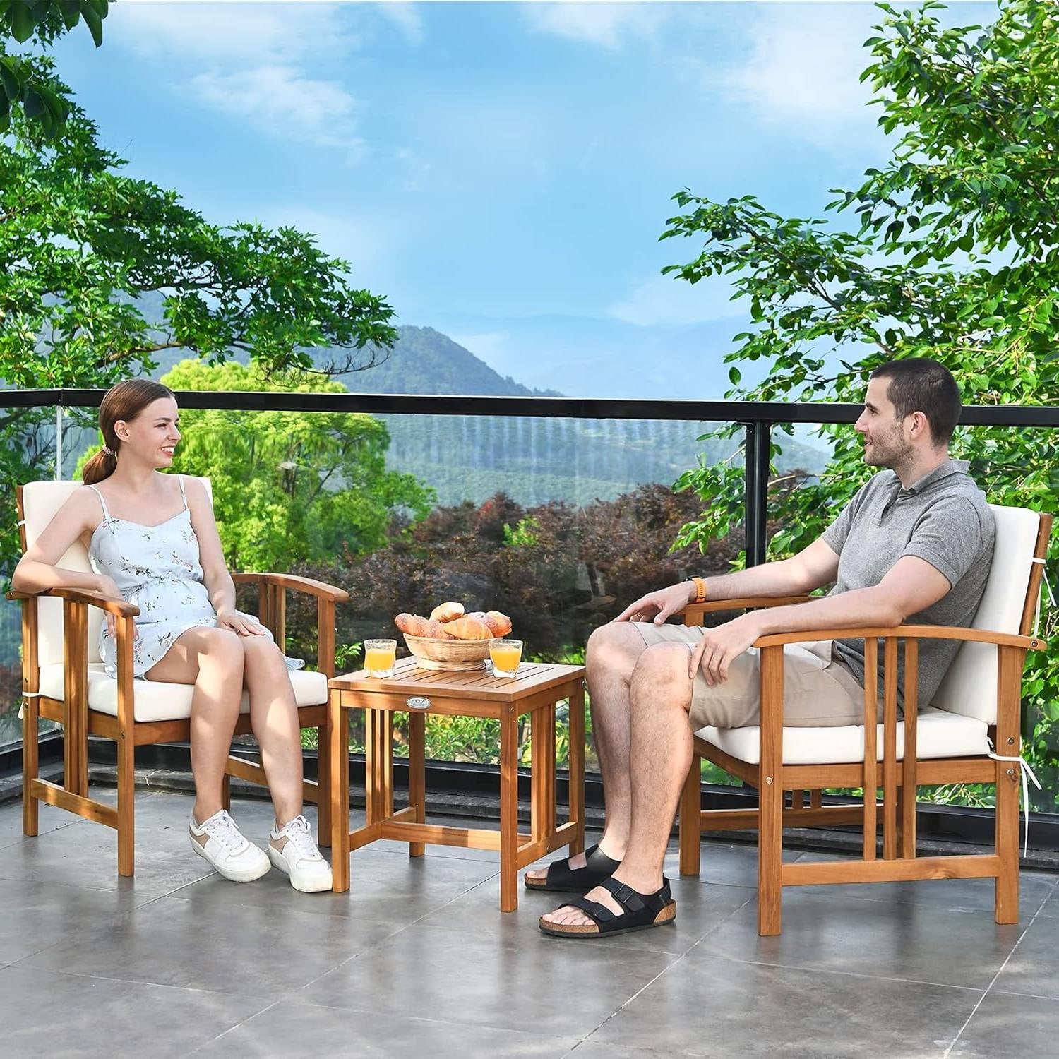 Fast Furnishings 3-Piece Solid Wood Outdoor Patio Furniture Table Chairs Set with White Cushions