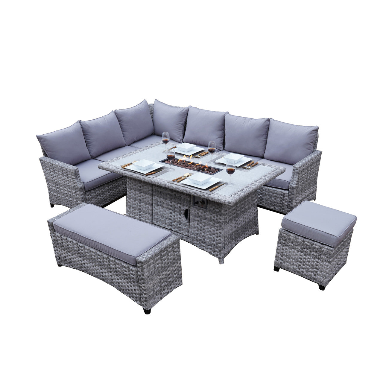 Direct Wicker 5-Piece Gray Rattan Patio Dining Sofa Set with Fire Pit Table