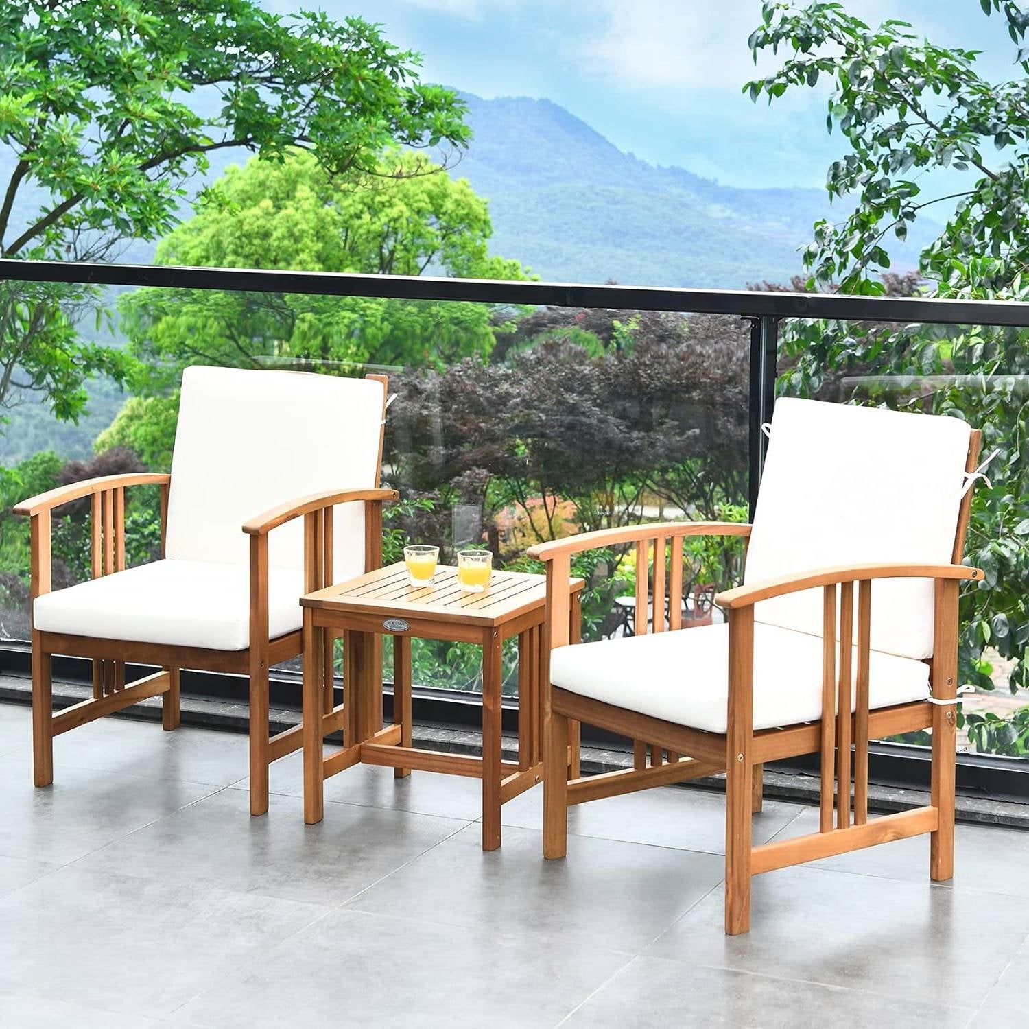 Fast Furnishings 3-Piece Solid Wood Outdoor Patio Furniture Table Chairs Set with White Cushions