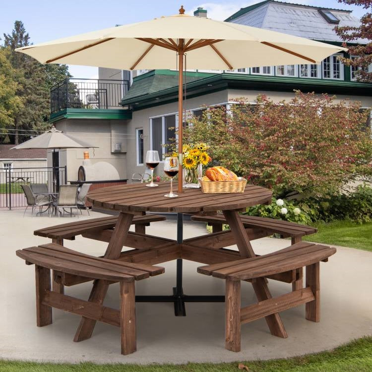 Fast Furnishings 8-Set Outdoor Solid Wood Round Picnic Table with 4 Benches Patio Garden Dining Set