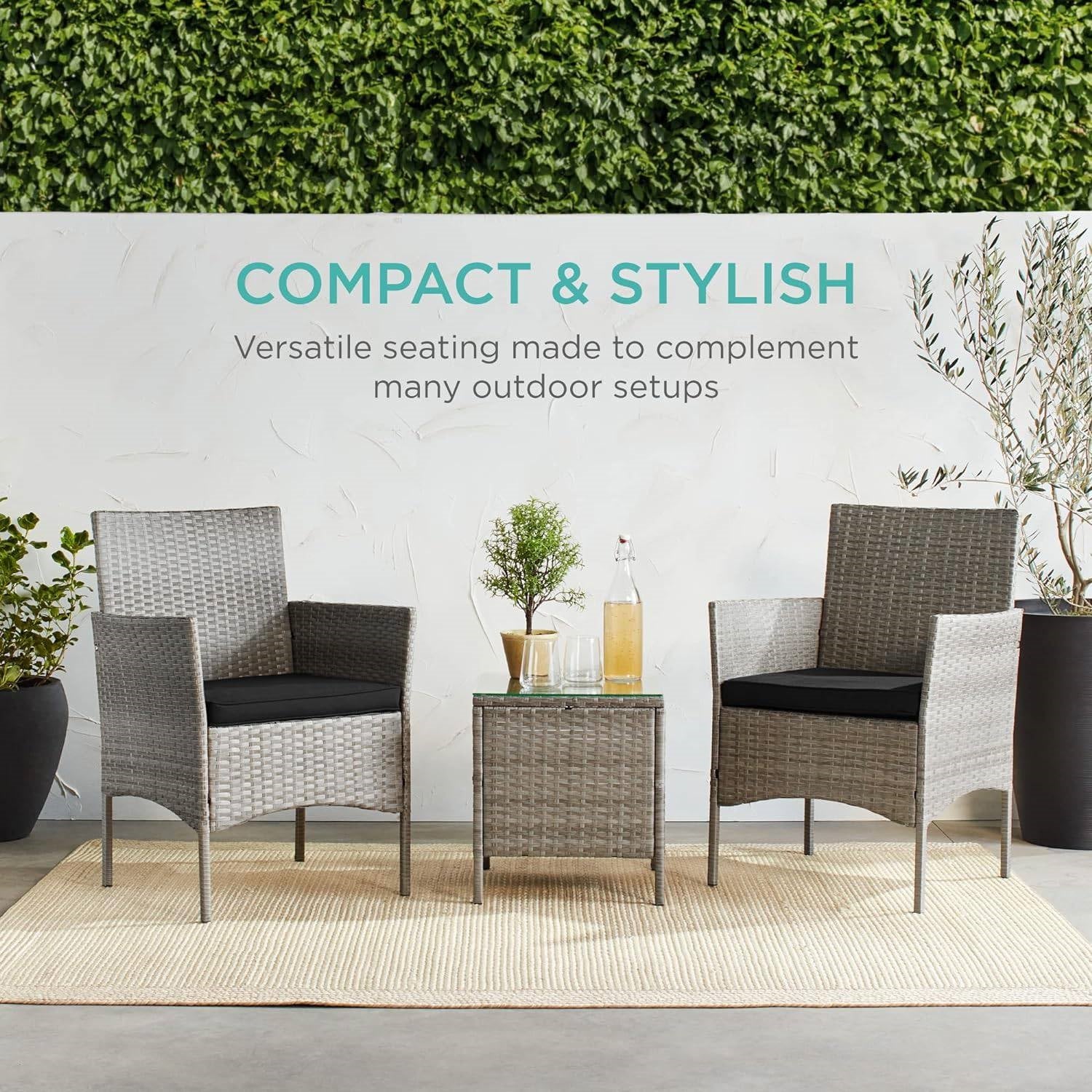 Fast Furnishings 3-Piece Grey PE Wicker Outdoor Patio Furniture Dining Set with Black Cushions