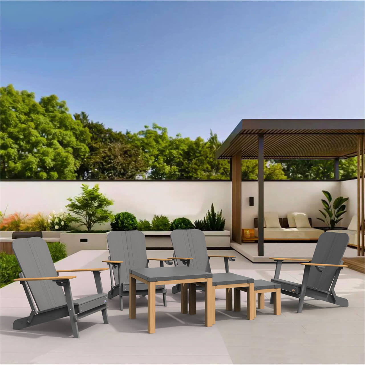Direct Wicker Four detachable frog chairs in HDPE with three aluminium square tables PAC-011X4+2341TA