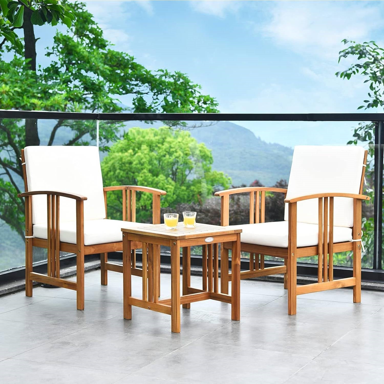 Fast Furnishings 3-Piece Solid Wood Outdoor Patio Furniture Table Chairs Set with White Cushions