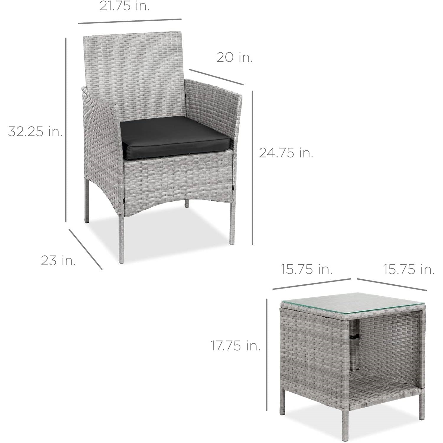 Fast Furnishings 3-Piece Grey PE Wicker Outdoor Patio Furniture Dining Set with Black Cushions