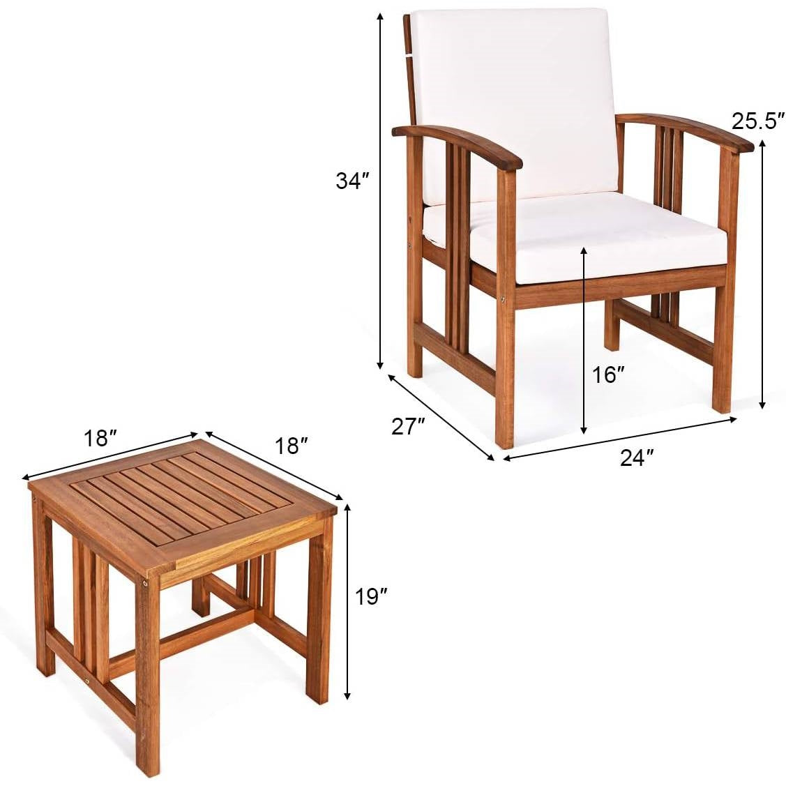 Fast Furnishings 3-Piece Solid Wood Outdoor Patio Furniture Table Chairs Set with White Cushions