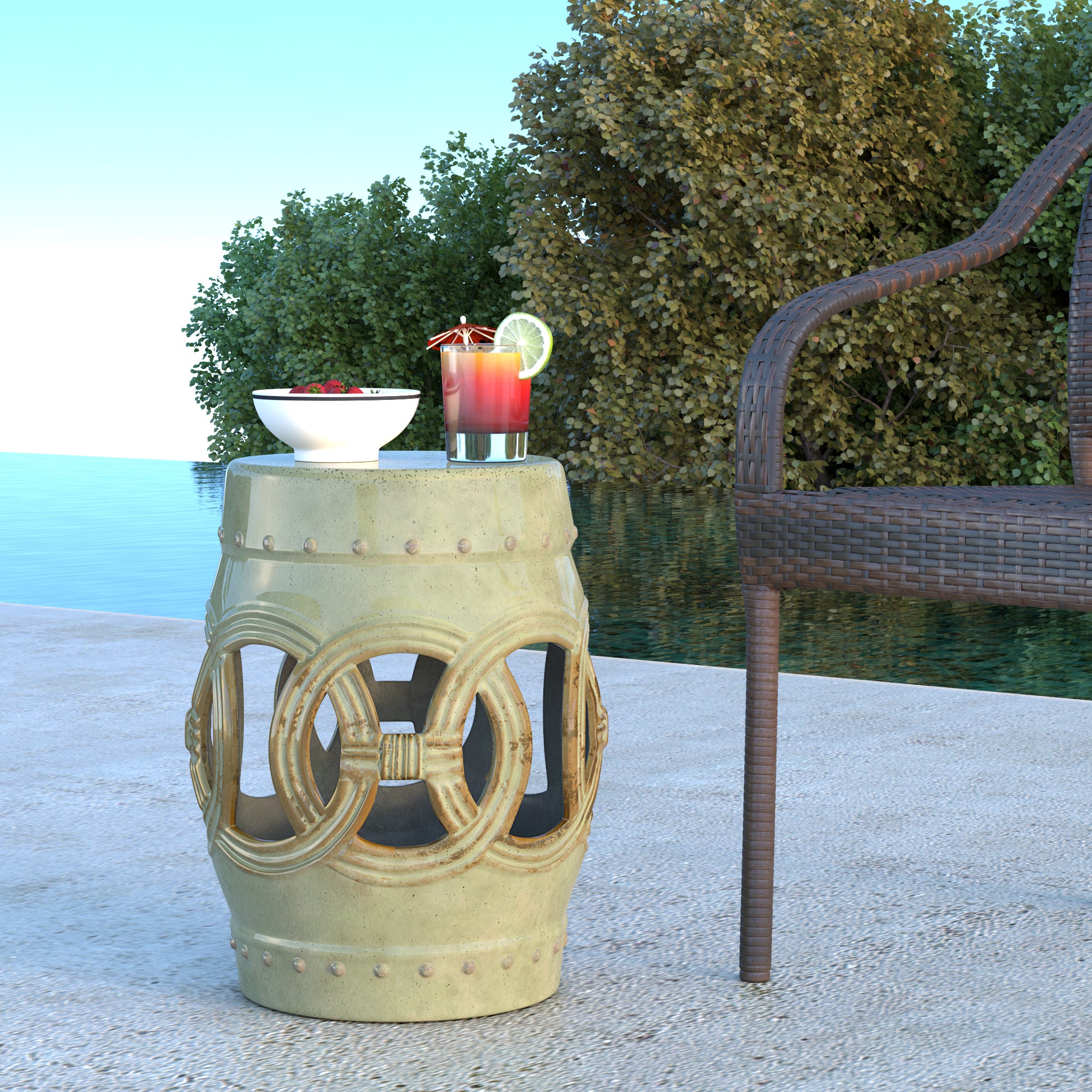 Well Traveled Living Large Medallion Ceramic Indoor/Outdoor Garden Stool/Table in Olive Jade Green
