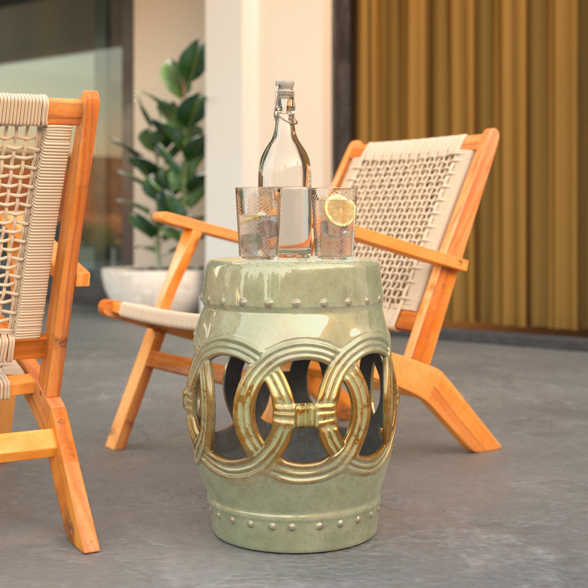 Well Traveled Living Large Medallion Ceramic Indoor/Outdoor Garden Stool/Table in Olive Jade Green