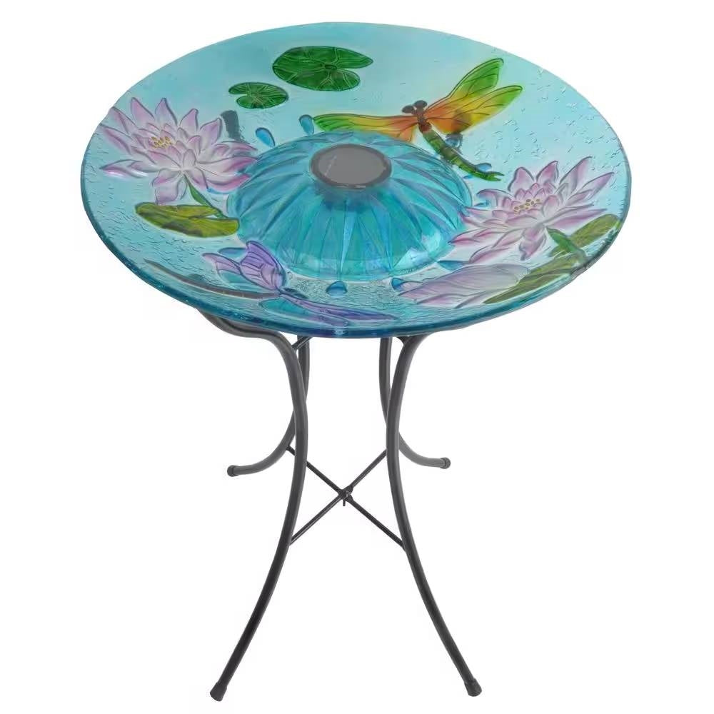 Fast Furnishings Outdoor Glass Bowl Bird Bath with Black Metal Stand and Solar Powered Light
