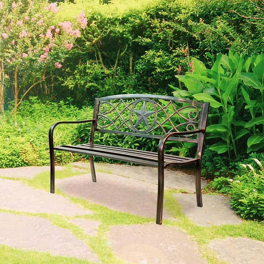 Fast Furnishings Powder Coated Steel 4-ft. Outdoor Patio Garden Bench in Bronze Metal Finish