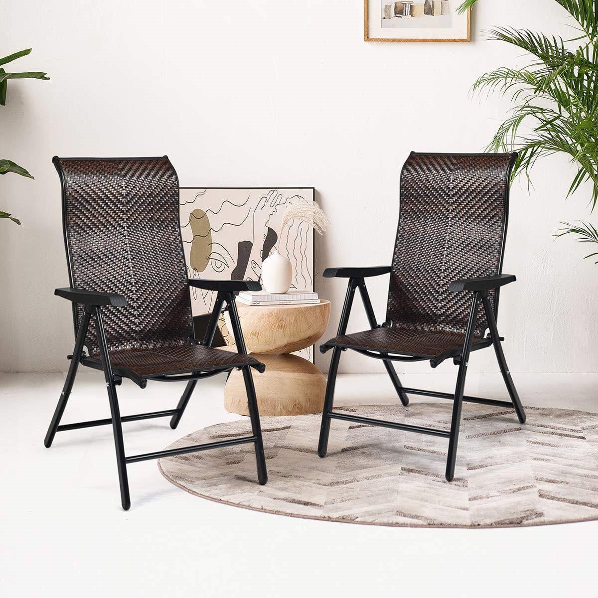 Fast Furnishings Outdoor/Indoor Folding Patio Chair with Brown Rattan Seat and High Back-Rest