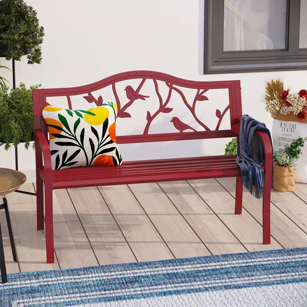 Fast Furnishings Red Steel Frame Outdoor Patio Garden Bench with Bird Branch Pattern Backrest