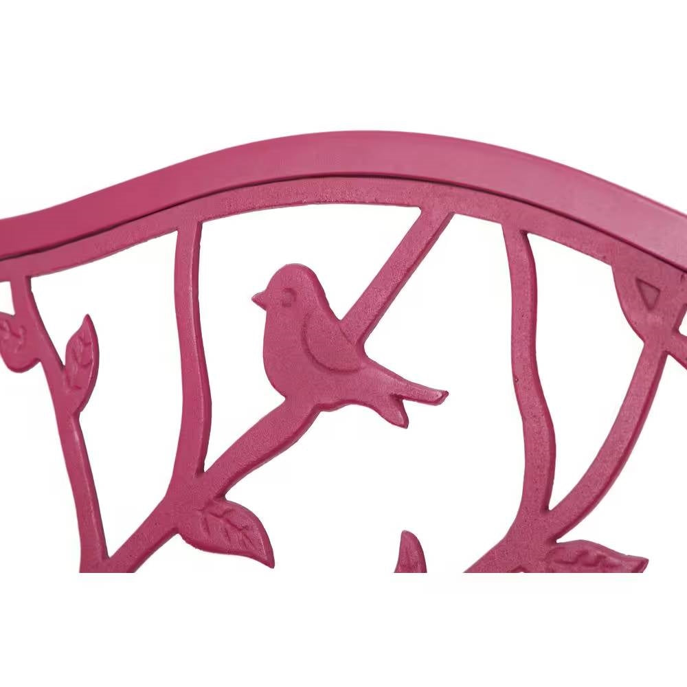 Fast Furnishings Red Steel Frame Outdoor Patio Garden Bench with Bird Branch Pattern Backrest