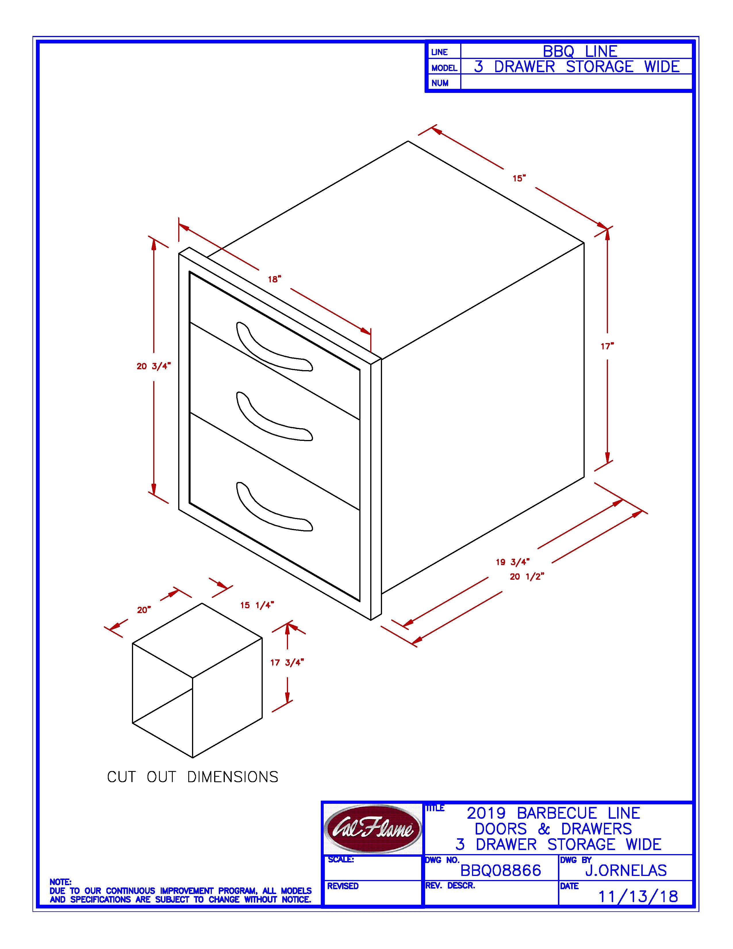 Cal Flame 3 Drawer Storage Wide