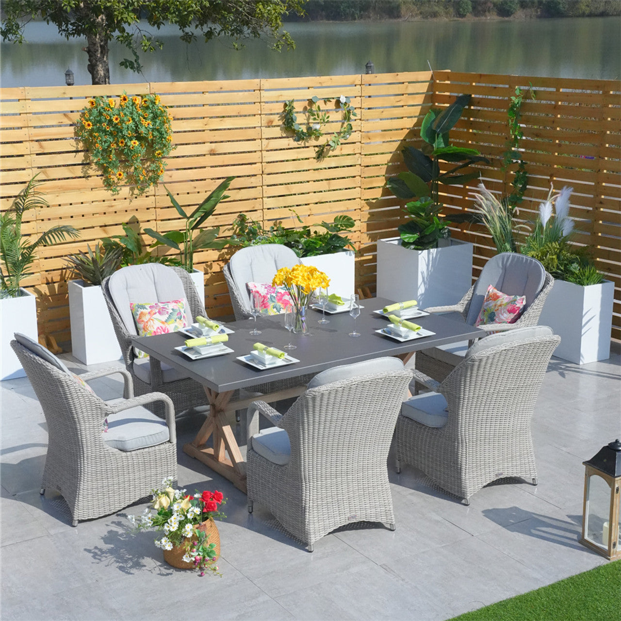 Direct Wicker Outdoor Dining Set Aluminum Table with 6 Rattan Chairs in Gray