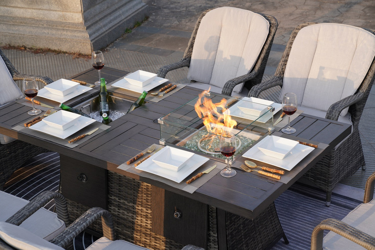 Direct Wicker 6-Seat Patio Gray Firepit and Ice Bucket Dining Table Set with Standard Height Chairs