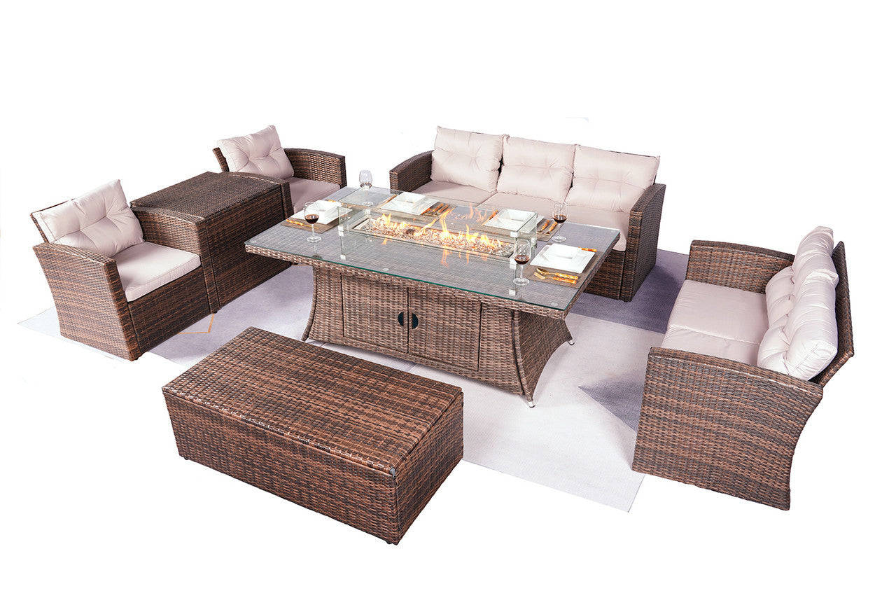 Direct Wicker Direct Wicker's Outdoor Patio Furniture Set with Rectangular Fire Pit Table in Elegant Brown or Chic Gray