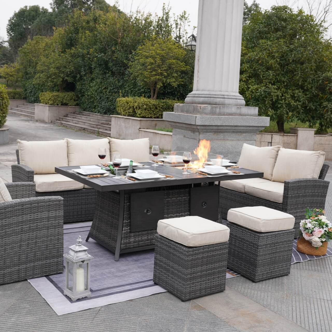 Direct Wicker's 7-Piece Wicker Patio Conversation Sofa Set Fire Pit Table with Ice Bucket PAG-2406BFI