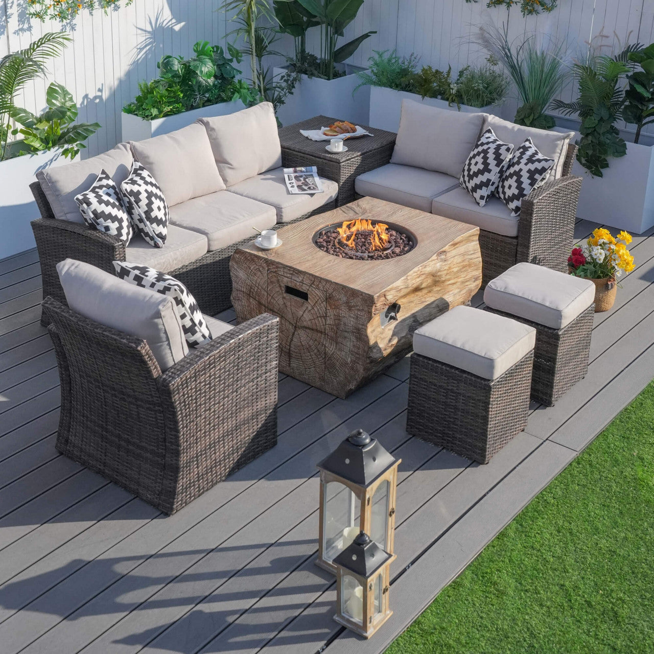 Direct Wicker's Patio Seating Sofa Set with Grain Fire Pit Table for Ultimate Comfort and Style