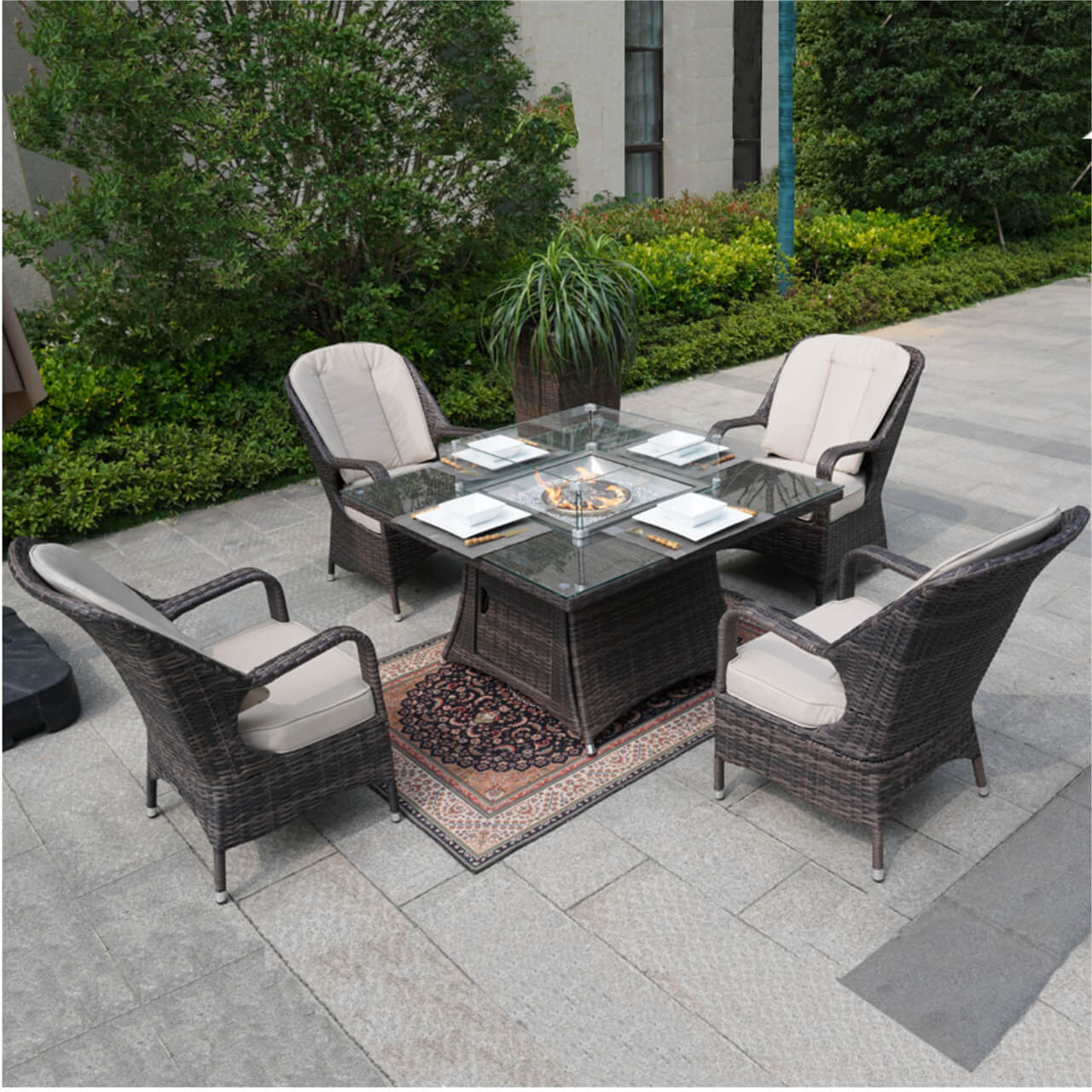 4 Seats Square Fire Pit Table in Brown  Direct Wicker Design