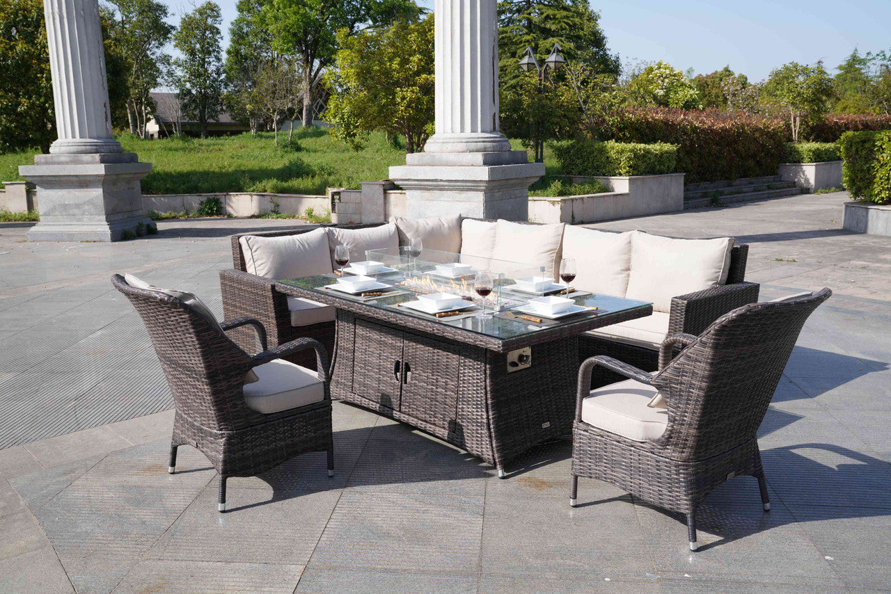 Direct Wicker 7-Pieces Firepit Dining Sofa Set with Two Rattan Chairs