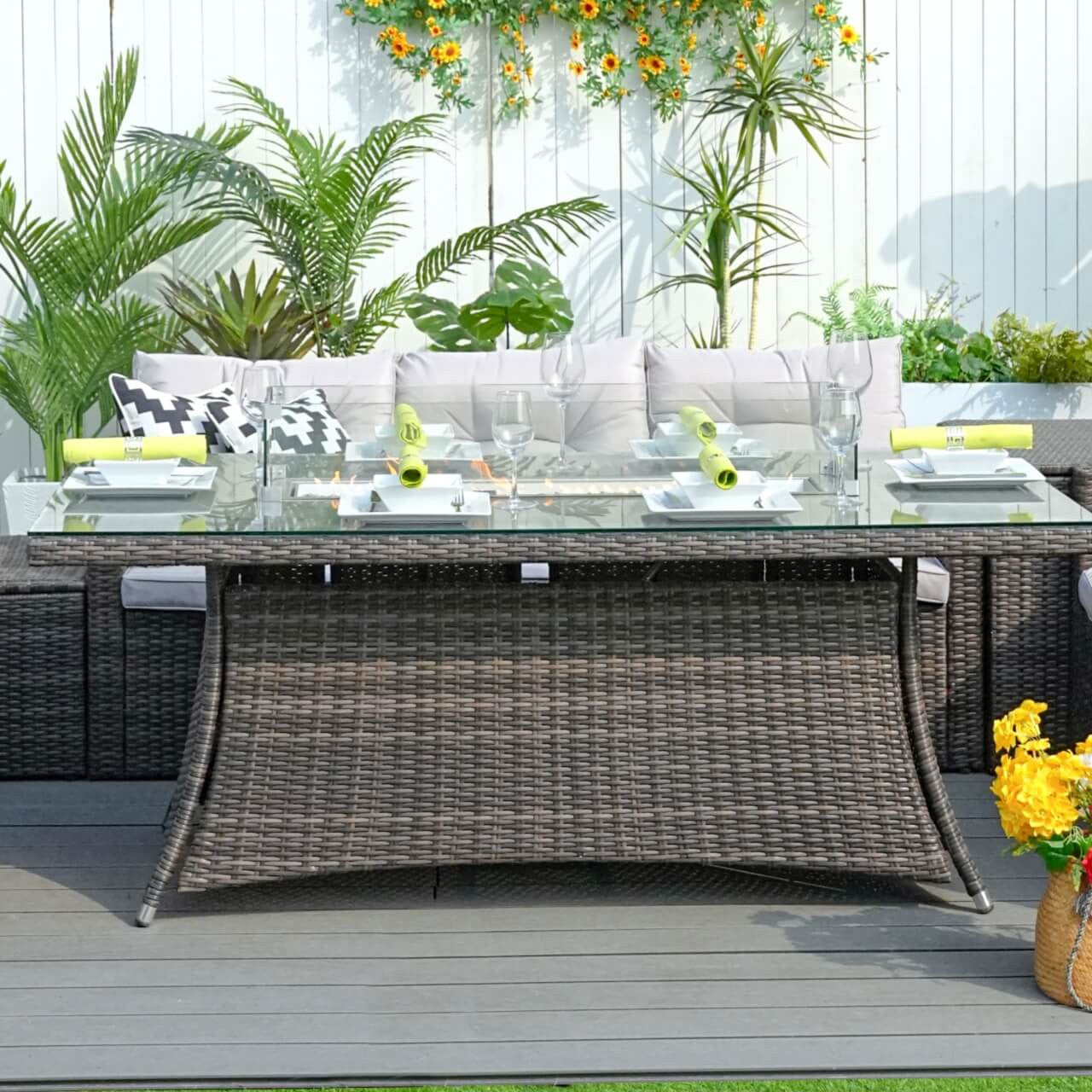 Direct Wicker Patio Perfection with Rectangular Fire Pit Glass Tabletop Furniture Set PAG-1506R