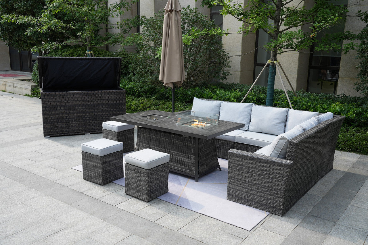 Direct Wicker Patio Gray Rattan Wicker Rectangular Firepit with Ice Table Set