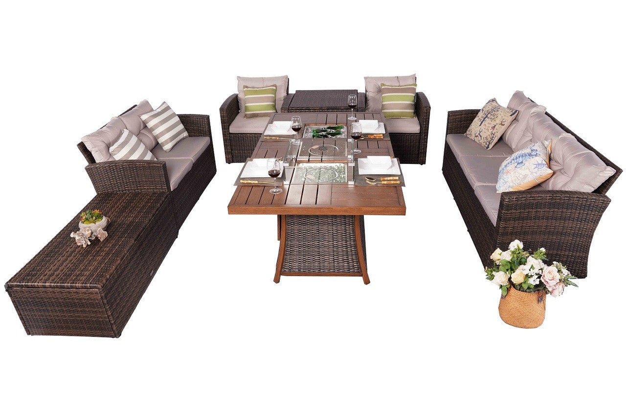 Direct Wicker Direct Wicker's Outdoor Patio Furniture Set with Rectangular Fire Pit Table in Elegant Brown or Chic Gray