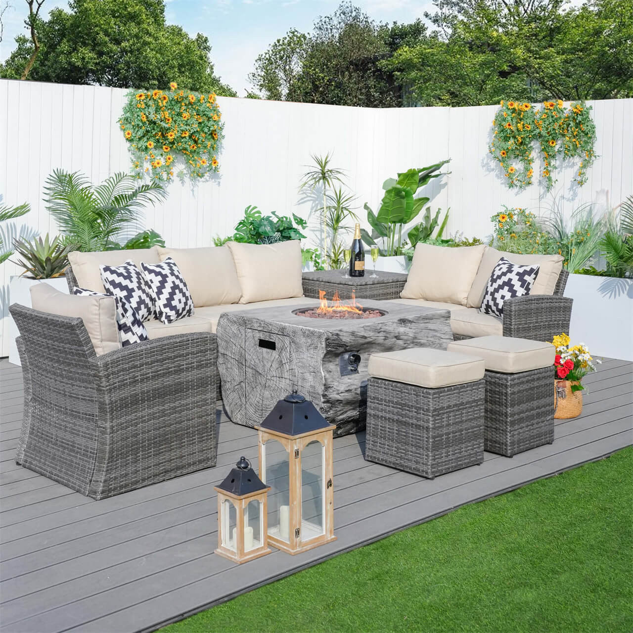 Direct Wicker's Patio Seating Sofa Set with Grain Fire Pit Table for Ultimate Comfort and Style