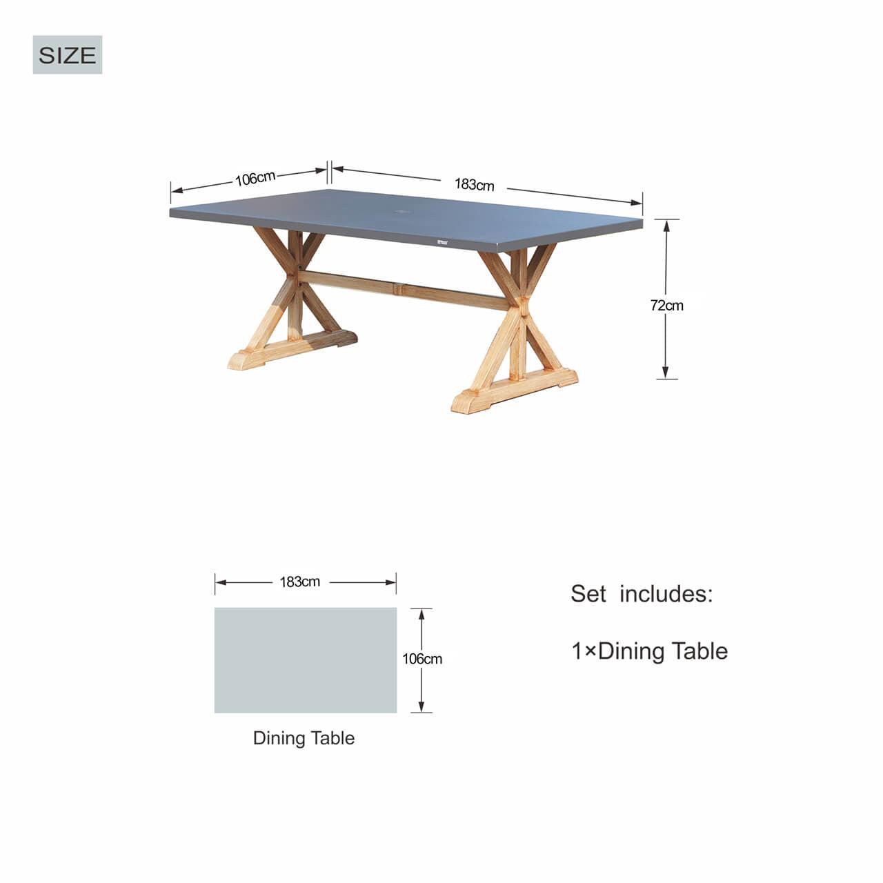 Direct Wicker Dining Table for 6 Aluminum Table Top in Gray with Wooden Frame