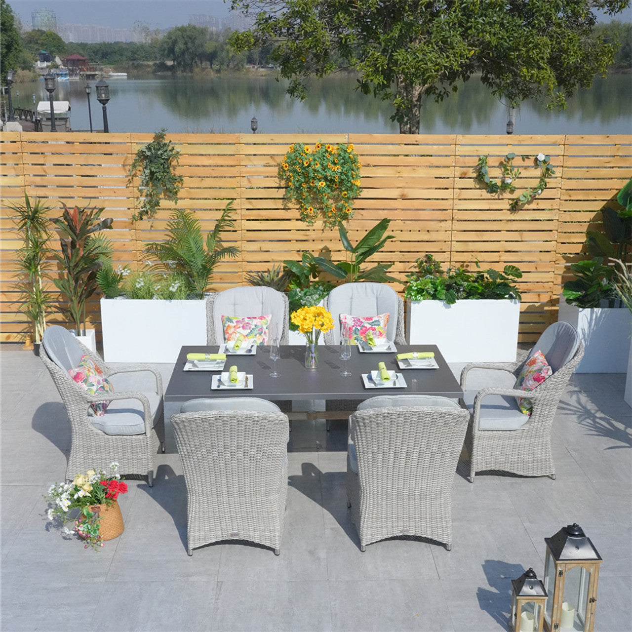 Direct Wicker Outdoor Dining Set Aluminum Table with 6 Rattan Chairs in Gray