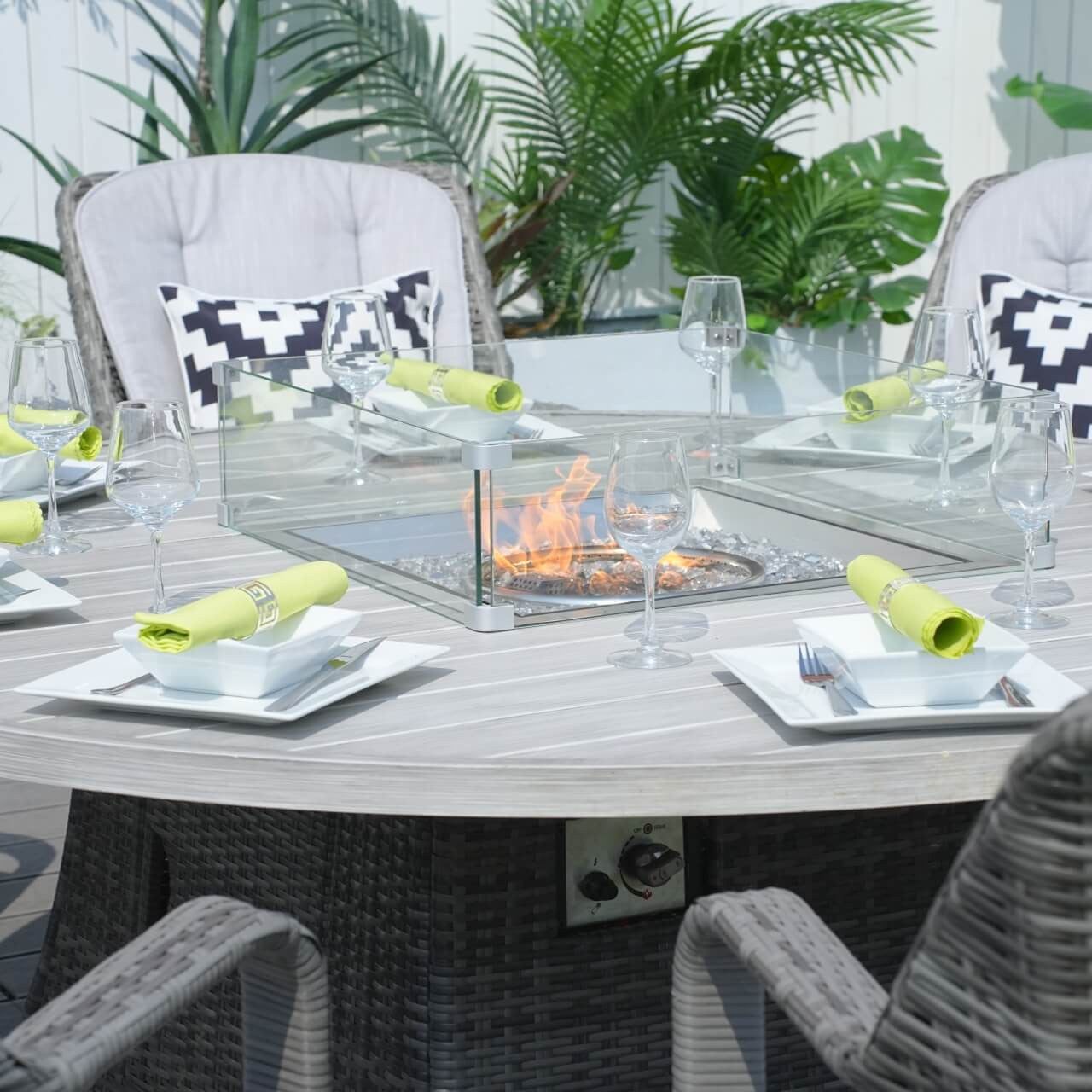 Direct Wicker's 8 Seats Round Fire Pit Set with Aluminium Tabletop & Rattan Chairs PAG-1108A