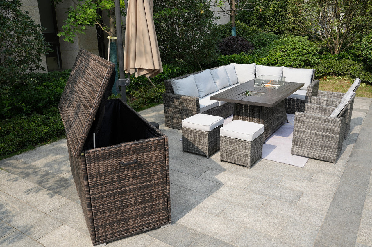 Direct Wicker Patio Gray Rattan Wicker Conversational Set with Rectangle Firepit & Ice Table, Foldable Dining Chairs and Ottomans(Patio Set Options)