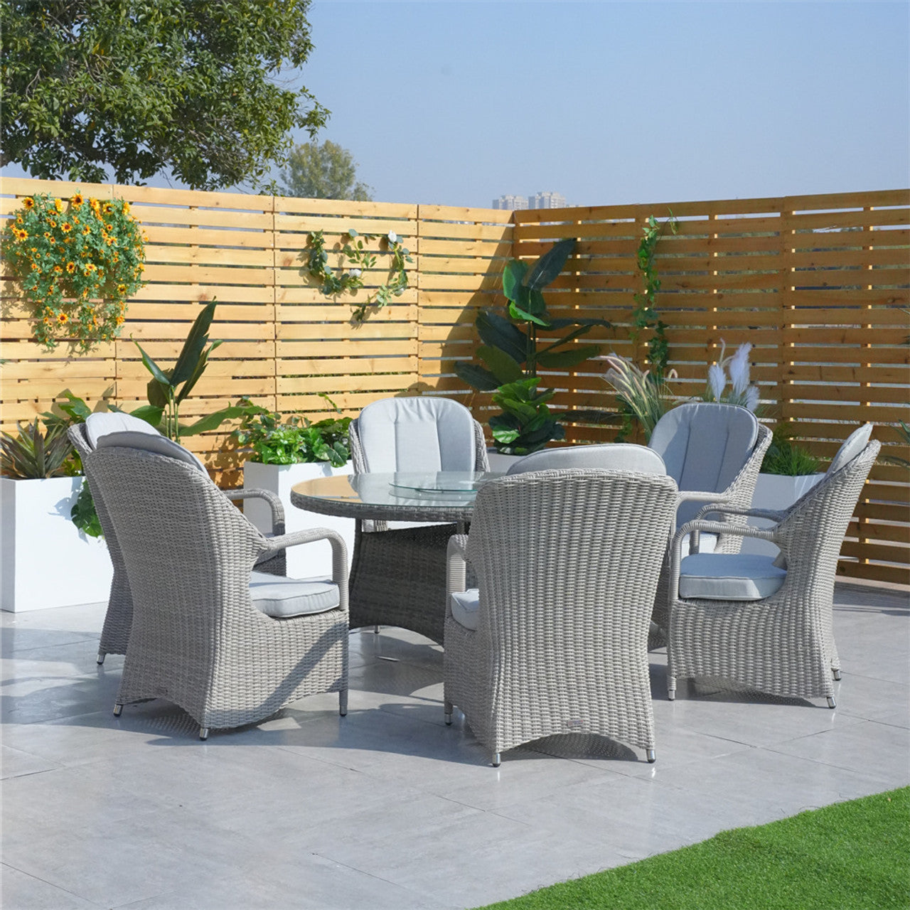 Direct Wicker Patio Wicker Dining Set with Round Table and Semi-circular Rattan Chairs