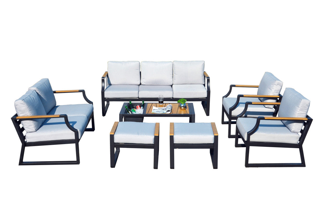 Direct Wicker Outdoor Black Iron Conversational Sofa Set with Gray Cushions and Drink Cooler