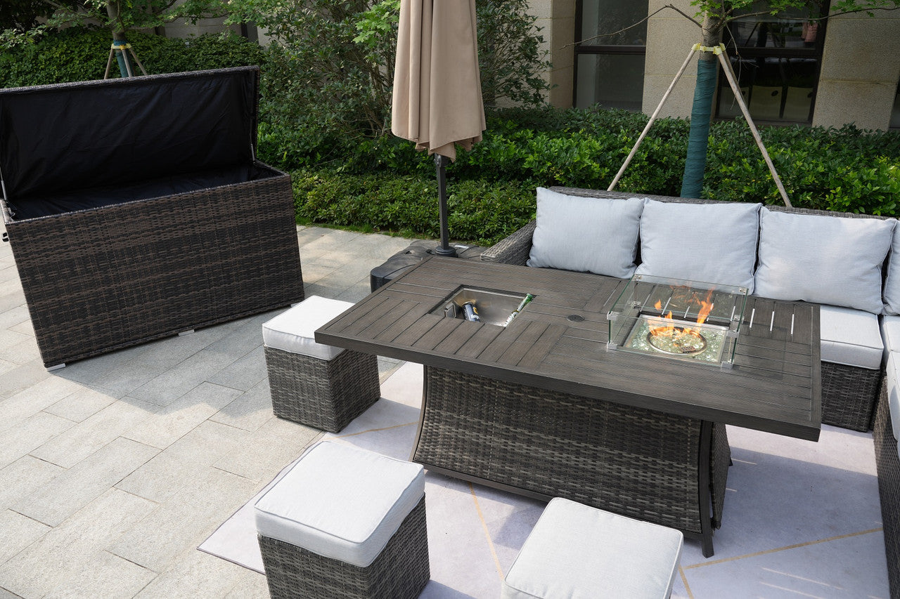 Direct Wicker Patio Gray Rattan Wicker Rectangular Firepit with Ice Table Set