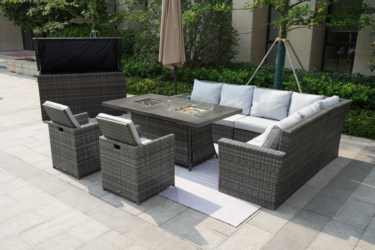 Direct Wicker Patio Gray Rattan Firepit & Ice Table and Foldable Chairs Dining Set