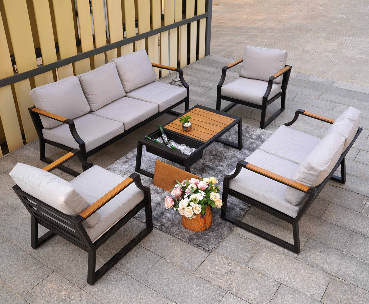 Direct Wicker Outdoor Black Iron Conversational Sofa Set with Gray Cushions and Drink Cooler