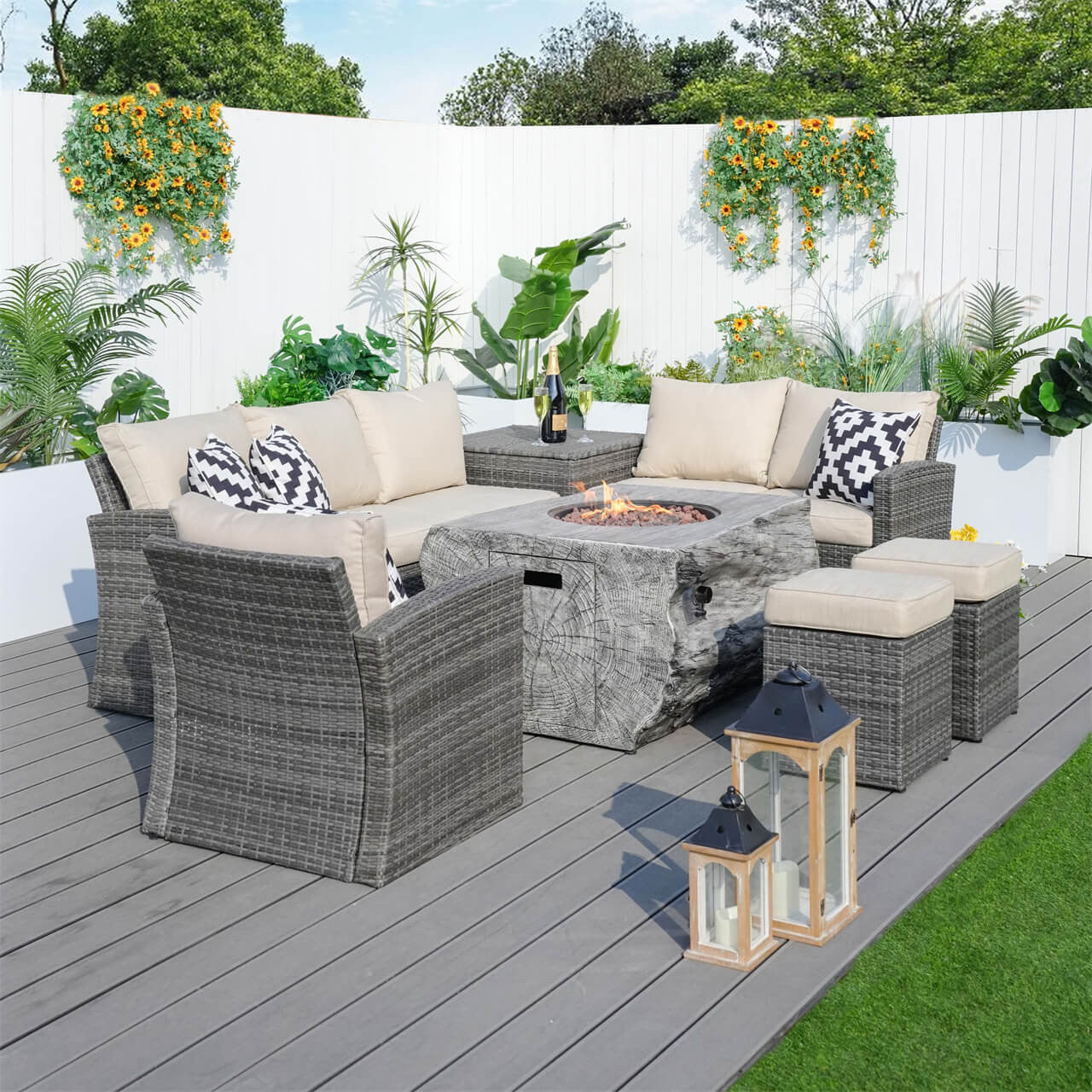 Direct Wicker's Patio Seating Sofa Set with Grain Fire Pit Table for Ultimate Comfort and Style