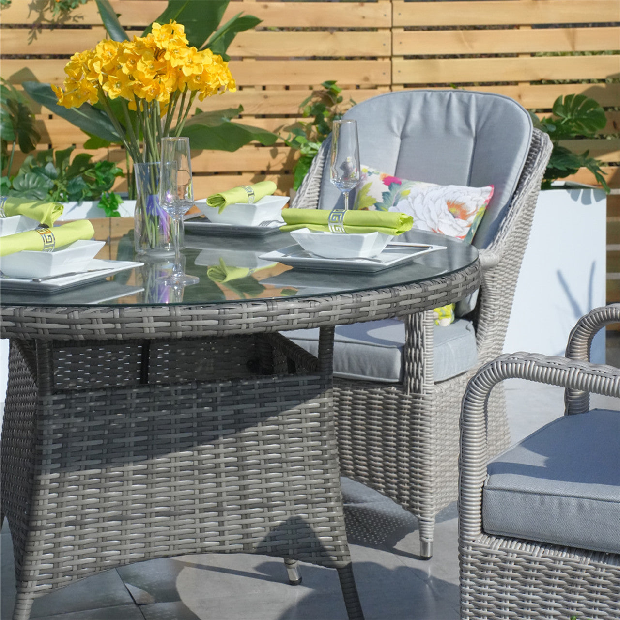 Direct Wicker Patio Wicker Dining Set with Round Table and Semi-circular Rattan Chairs