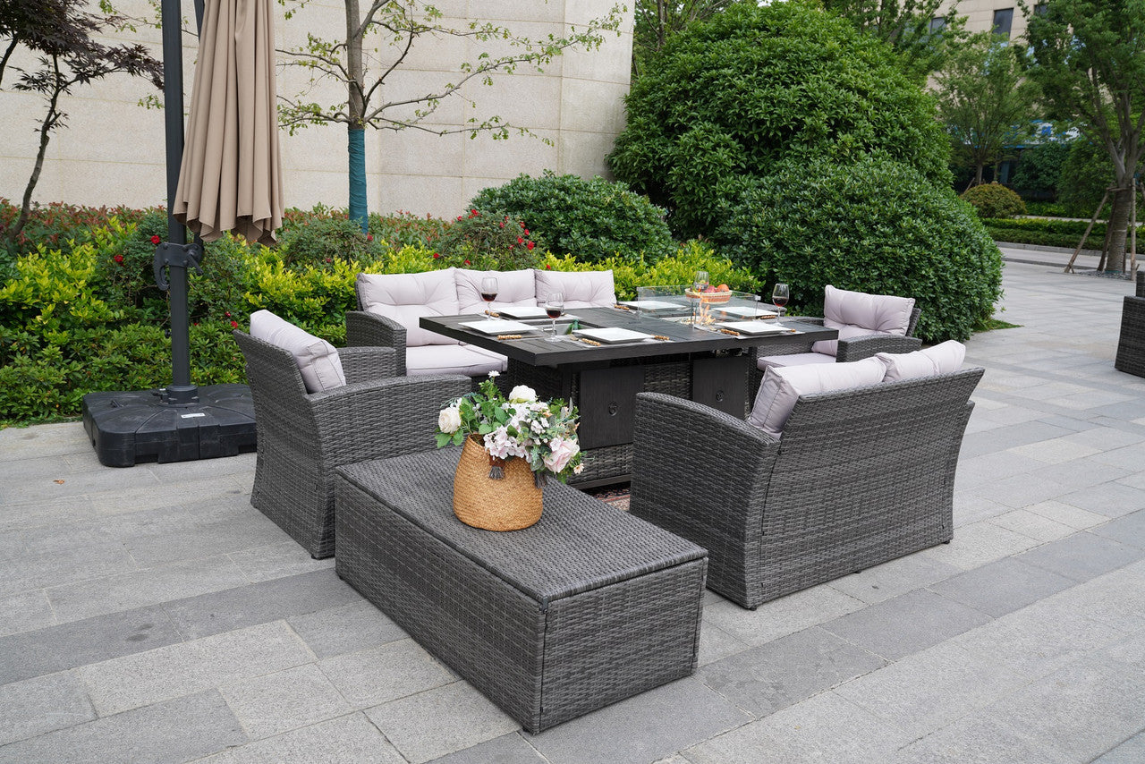 Direct Wicker Outdoor Patio Furniture Set with Rectangular Fire Pit Fire & Ice Aluminum Tabletop