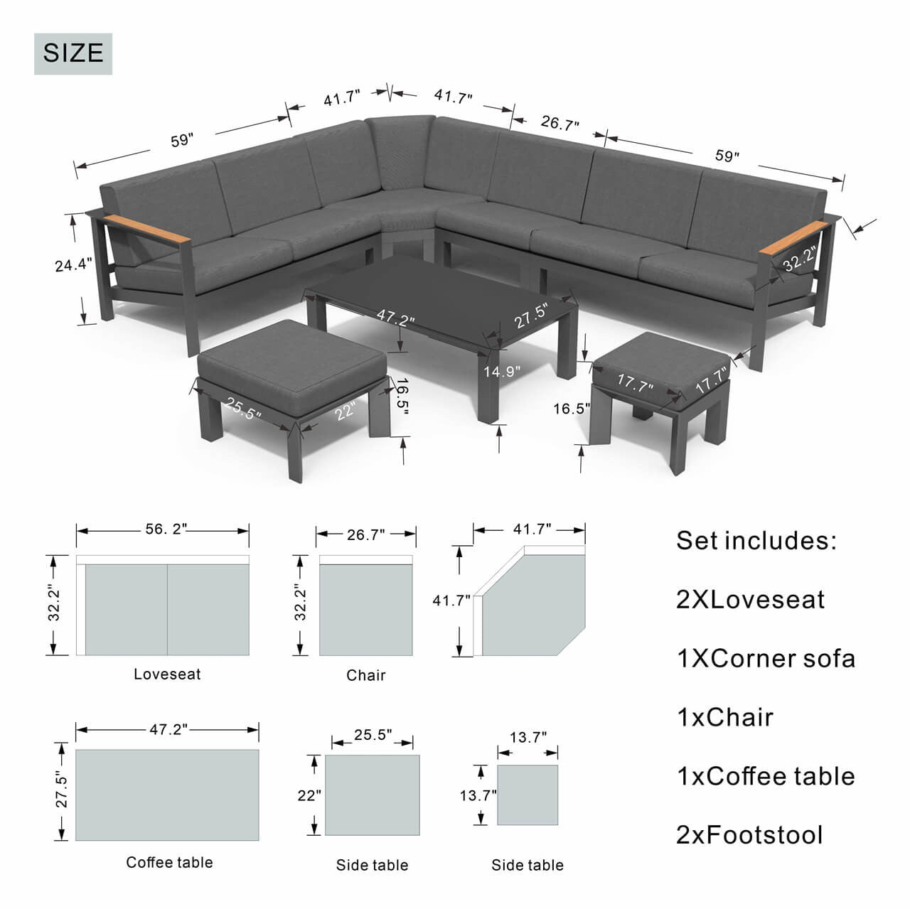 7-Piece Aluminum Patio Seating Sofa Set with Dark Gray Cushion and Teak Armrest