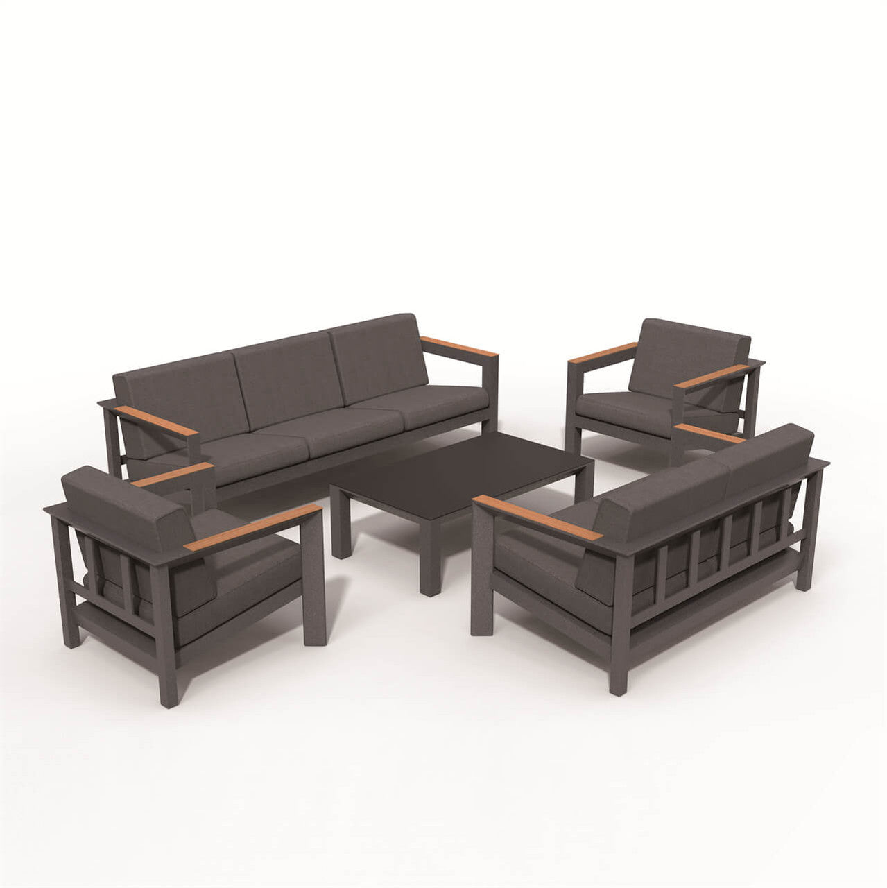 Direct Wicker 5-Piece Dark Gray Aluminum Conversational Seating Sofa Set with Teak Armrests