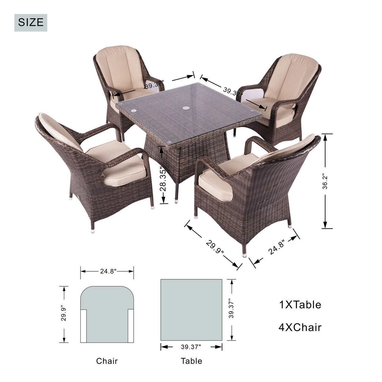 Direct Wicker Patio 5-Piece Aluminum and Wicker Dining Set with Square Table