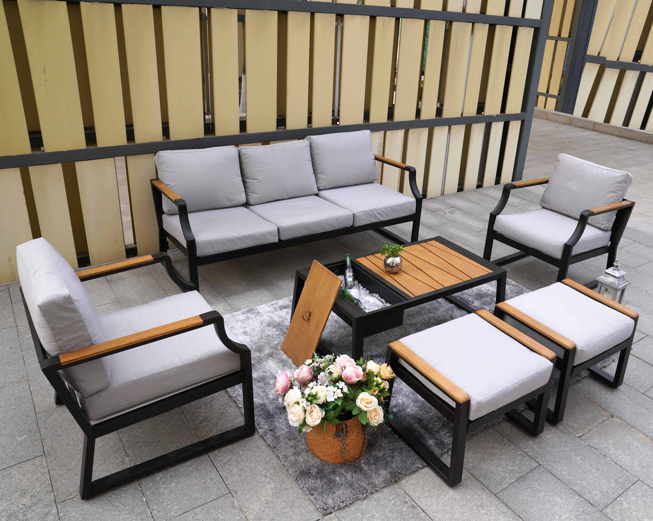 Direct Wicker Outdoor Black Iron Conversational Sofa Set with Gray Cushions and Drink Cooler